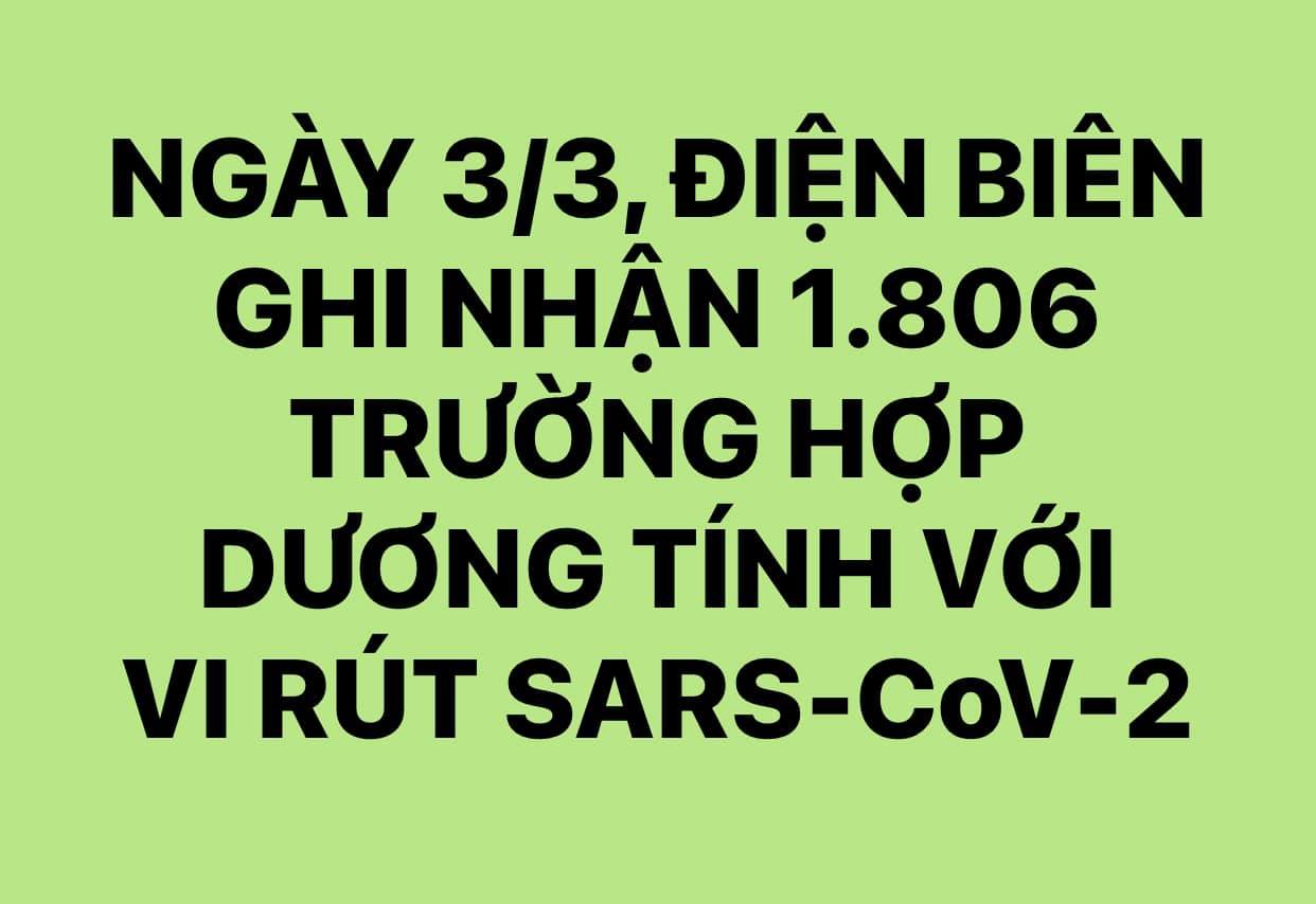 NGÀY 3/3, ĐIỆN BIÊN GHI NHẬN THÊM 1.806 TRƯỜNG HỢP DƯƠNG TÍNH VỚI VI RÚT SARS - CoV-2